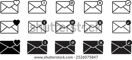 Email envelope icon set with marker new message isolated isolated on transparent background. Render email notification heart missed with letters, check mark, paper plane and magnifying glass.