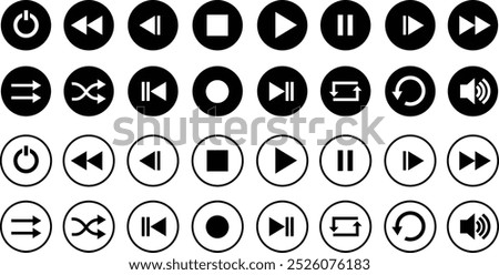 Media player flat icons set. Collection of multimedia symbols isolated on transparent background. Audio, volume, interface, design media player buttons. Play, pause, stop, record, forward, rewind.