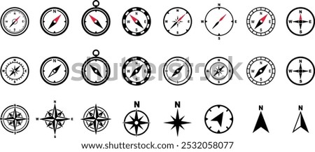 Navigational compass set with cardinal direction of North, East, West, South. Geographical position, cartography and navigation. Nautical chart isolated on transparent background.