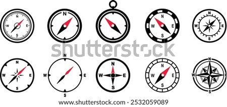 Navigational compass set with cardinal direction of North, East, West, South. Geographical position, cartography and navigation. Nautical chart isolated on transparent background.