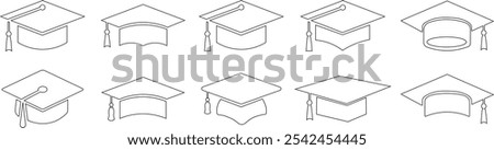 Graduation cap icon set. line and glyph version, student hat vector sign collection isolated on transparent background. Academic cap pictogram. Education symbol logo different style web design.