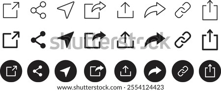 share icon set. Share arrow link connection icon black flat and line vector collection isolated on transparent background. External link web chain open link to attached website. Network sharing sign.