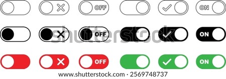 On and Off toggle switch buttons icon set. Switch buttons ON OFF isolated on transparent background. Power on and off slider switch icon. Modern web and mobile app switch button interface elements.