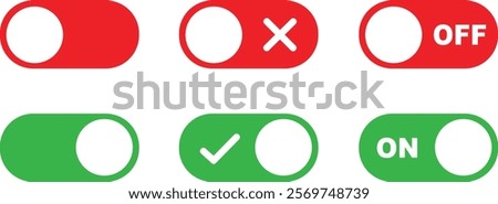 On and Off toggle switch buttons icon set. Switch buttons ON OFF isolated on transparent background. Power on and off slider switch icon. Modern web and mobile app switch button interface elements.