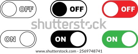 On and Off toggle switch buttons icon set. Switch buttons ON OFF isolated on transparent background. Power on and off slider switch icon. Modern web and mobile app switch button interface elements.