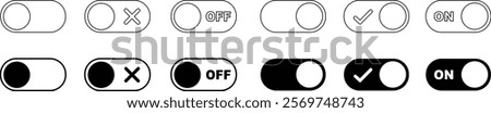 On and Off toggle switch buttons icon set. Switch buttons ON OFF isolated on transparent background. Power on and off slider switch icon. Modern web and mobile app switch button interface elements.