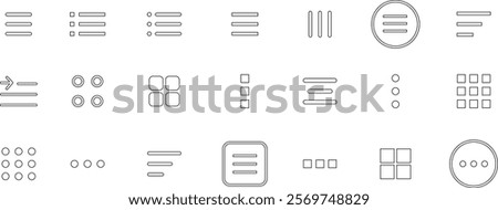 Hamburger web and mobile app menu icon set. Navigation bar with three horizontal bars, squares, dots and ellipsis. Template navigation, Icon, dropdown button web symbol. Vector illustration.