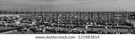 Italy, Siciliy, Mediterranean sea, Marina di Ragusa, panoramic view of luxury yachts in the marina