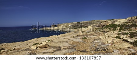 Malta Island, Gozo, Dweira, panoramic view of the rocky coastline near the Azure Window Rock