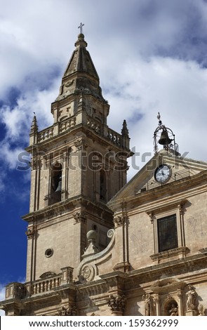 Italy, Sicily, Ragusa, view of the baroque St. John Cathedral (1751 a.C.), bell tower