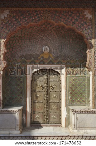 India, Rajasthan, Jaipur, the City Palace (built in 1729 - 1732 AD by Sawai Jai Singh), old brass door