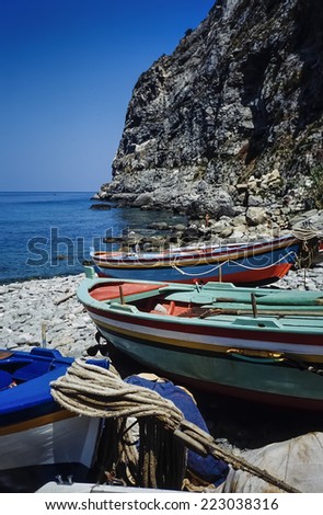 Italy, Calabria, Tyrrhenian Sea, wooden fishing boats ashore - FILM SCAN
