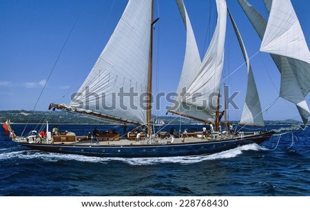 Italy, Mediterranean Sea, Sardinia, Emerald Coast, old sailing boat in a race - FILM SCAN