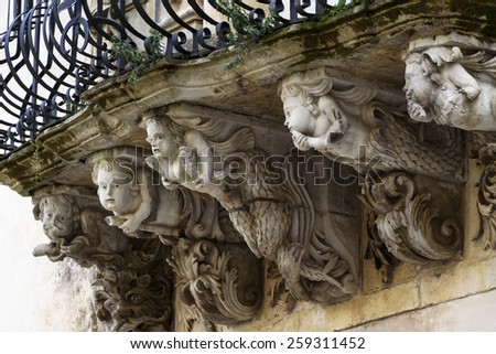 Italy, Sicily, Ragusa, Zacco Palace baroque facade and balcony (Unesco Monument), XVIII century.
