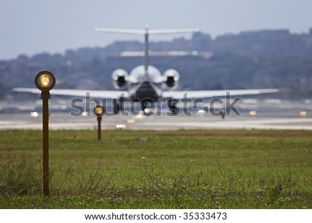 ITALY, Naples, international airport Capodichino, airplane ready to take off and flight control lights