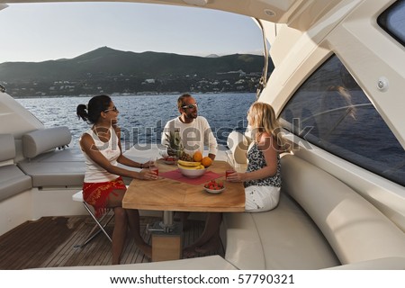 Italy, Liguria, Tirrenian coastline, luxury yacht,  Azimut Atlantis 50', dinette and life on board while cruising