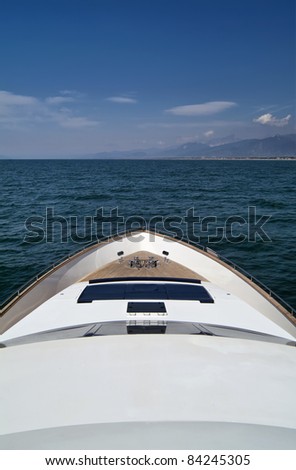 Italy, Tyrrhenian Sea, off the cast of Viareggio (Tuscany), Tecnomar 35 luxury yacht, bow