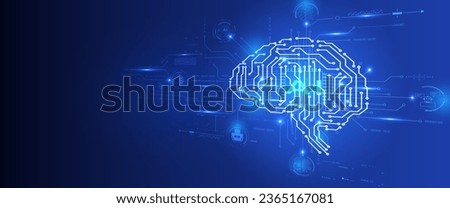 Circuit board CPU chip with AI smart brain big data processing futuristic technology. Artificial intelligence micro processor unit storage database vector concept background.