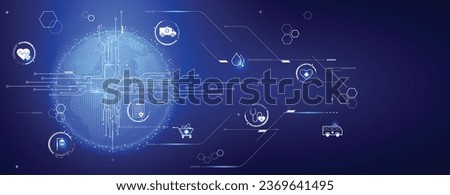 Technology science healthcare with medical icon with digital earth globalization data connection concept vector background.