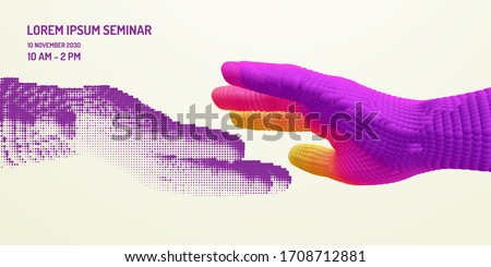 Business event invitation template. Hands reaching towards each other. Concept of human relation, togetherness or  partnership. 3D vector illustration for courses, seminar, webinar or lecture.