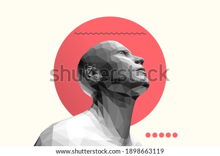 Man looking up. Abstract digital human head. Face side view. Minimalistic design for business presentations, flyers or posters. 3d vector illustration.