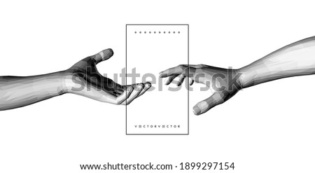 Hands reaching towards each other. Concept of human relation, togetherness or  partnership. 3D vector illustration. Can be used for advertising, marketing or presentation.