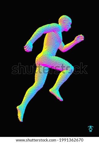 Running man constructing from cubes. Marathon runner. Human body model. Design for sport. Voxel art. 3D vector illustration.