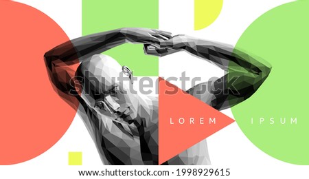 Minimalistic design for presentations, flyers or posters. Art design. Strong man with good flexibility raises hands above head, does sport exercises. Stretch your muscles before all exercises. 
