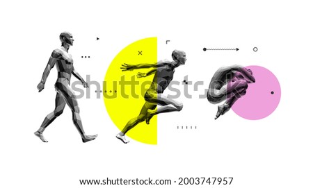 Models of polygonal people in different poses. Walking man. Men is jumping with his hands behind his back. Man lying curl up on a floor. Vector for brochure, flyer, presentation, logo or banner.