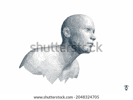 Abstract man head made from dots. Side view of dotted face background. Facial recognition. 3D vector illustration. 