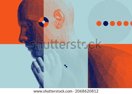 Man with his fist under his chin. Abstract digital human head. Time to think. Minimalistic design for business presentations, flyers or posters. 3d vector illustration. Foto stock © 
