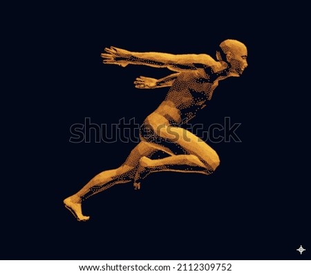 Running man or marathon runner. 3D human body model. Design for sport. Vector illustration composed of particles.