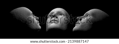 Three faces are looking at something. Technology and robotics concept. 3D vector illustration.