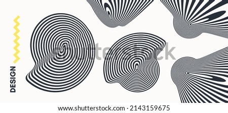 Black and white design elements. Abstract melted liquid shape. Psychedelic stripes. 3D vector illustration for cover, poster, booklet, brochure, flyer, album or banner. 
