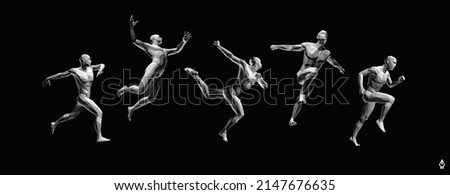 Models of polygonal people in different poses. Running man or marathon runner. Men is dancing and jumping. Design for sport. 3D human body model. Vector for brochure, flyer, logo or banner.
