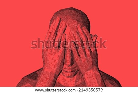 Man covering face with both hands. Human emotions, reaction and body language. Concept of fear, domestic violence, despair or anxiety. 3D Vector illustration. 