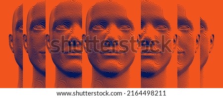 Reflection of man looking away in mirrors. Concept of psychological and mental health issues. Voxel art. 3D vector illustration of multiple cloned humans. Design for presentation, cover or brochure.