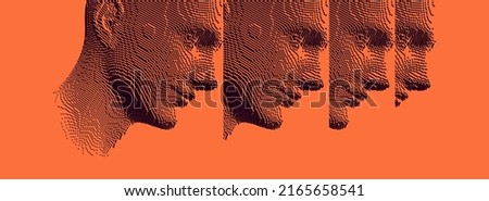 Reflection of man looking away in mirrors. Concept of psychological and mental health issues. Voxel art. 3D vector illustration of multiple cloned humans. Design for presentation, cover or brochure.
