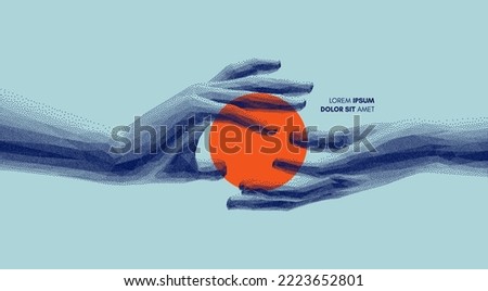 Hands holding red circle. Sensing energy between palms. Concept of human relation, togetherness, partnership, connection, contact or network. Design for banner, flyer, poster, cover or brochure.