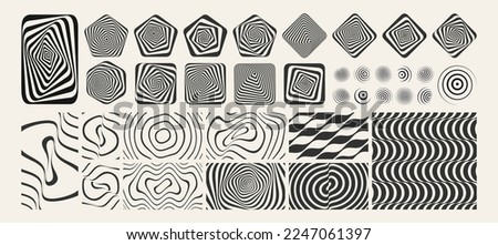3D geometric striped rounded shape. Sphere. Black and white optical art. Wavy pattern. Abstract background with ripple effect. Wifi sound signal connection or sound radio wave. Vector illustration.