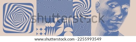 Art composition. Abstract man's head made from dots. Striped background with optical illusion. Rotation and swirling movement. Illustration for brochure, poster, poster, flyer or banner.