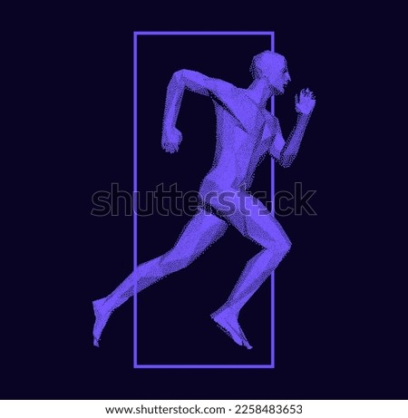 Running man or marathon runner. 3D human body model. Design for sport. Vector illustration composed of particles.