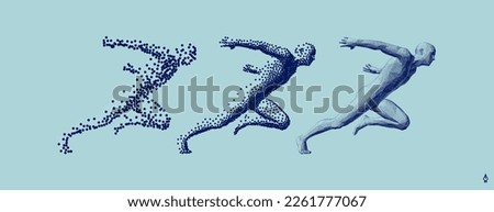 Running man or marathon runner in сoarse and fine style. 3D human body model with stipple effect. Design for sports club, fitness, competition or marathon. Vector illustration composed of particles.