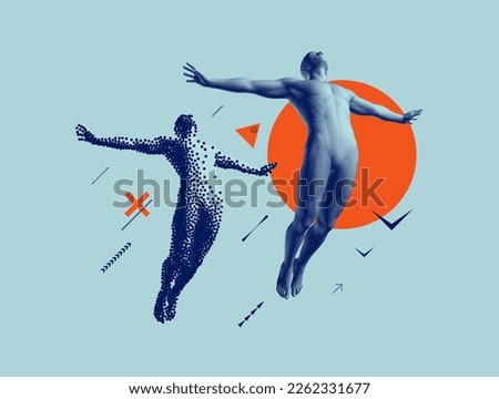 Freedom, leadership or development concept. Jumping men. The man flies away to his goal. Strong man spreading his arms wide to the side. 3D illustration for brochure, presentation, flyer or banner.