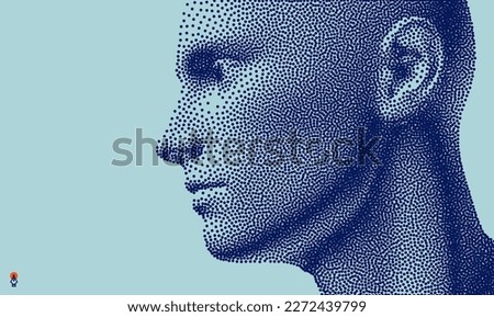 Abstract man head made from dots. Side view of dotted face background. Facial recognition. 3D vector illustration.