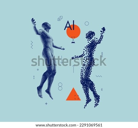 Leadership, freedom or development concept. Astral travel out of body. Reincarnation spiritual concept. Flying man in zero gravity. Art composition in сoarse and fine style. Levitation act. 3D vector.