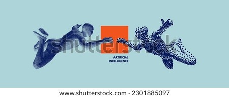 Two men float in air in zero gravity. 3D human body model with stipple effect in сoarse and fine style. Freedom. Cover design template. Can be used for advertising, marketing or presentation.