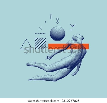 Leadership, freedom or development concept. Jumping man. Flying man in zero gravity or a fall. Hovering in the air. Levitation act. Human body model composed of particles. 3d vector illustration.