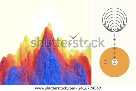 Landscape with mountains. Mountainous terrain. Abstract background. 3d vector illustration for cover, card, postcard, interior design, banner, poster, brochure or presentation.