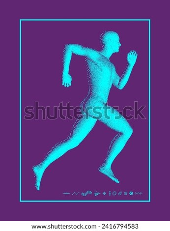 Running man or marathon runner. 3D human body model. Design for sport. Vector illustration composed of particles.